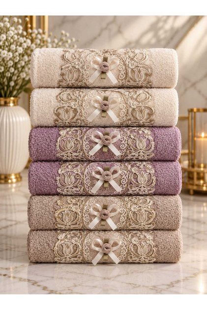 100% Cotton Lace, Guipure, Embroidered Dowry Luxury Boxed Towel Set 50X90 cm