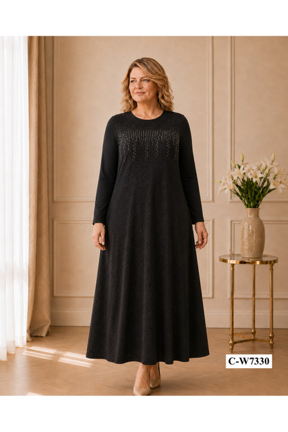 Elegant Stone Embellished Crystal Viscose Flexible Non-Iron Fabric Plus Size Women's Dress