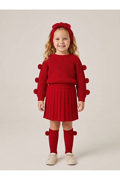 Girl's 4-Piece Knitted Set with Pompom Detail