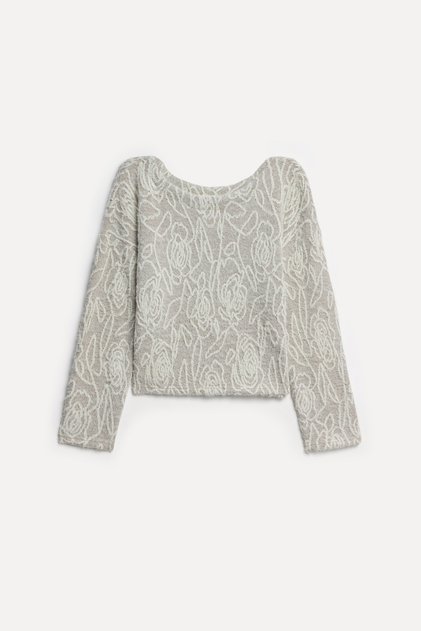 Women's Ecru Jacquard Loose Fit Crew Neck Sweater