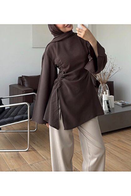 Yanı Büzgülü Tunik - 3034 - Kahve