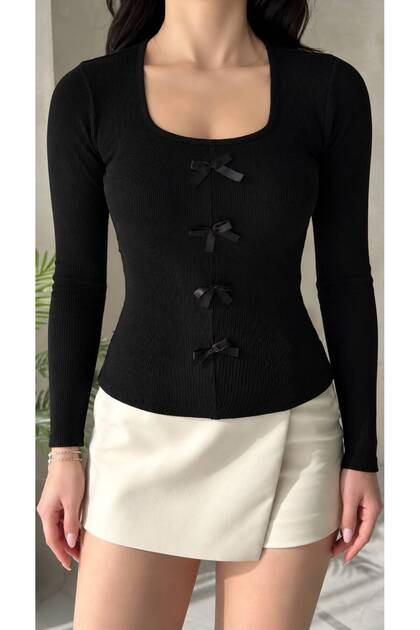 Women's Black Bow Corded Fabric Knit Blouse