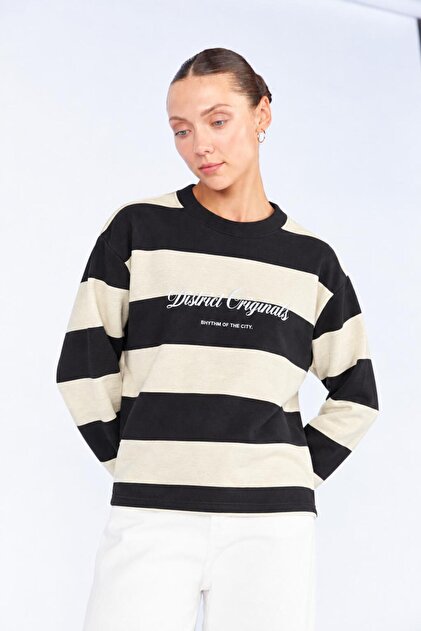 Women's Yellow Crew Neck Discrit Originals Letter Printed Thick Striped Sweatshirt