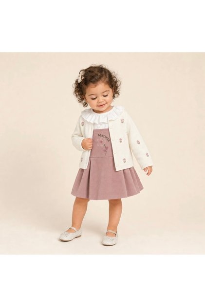 Floral Knitwear Cardigan Velvet Dress and Blouse 3-Piece Baby Girl, Girl's Set