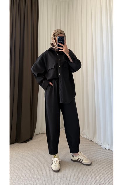 Double Pocket Shalwar Trousers Set - 2758 - Black