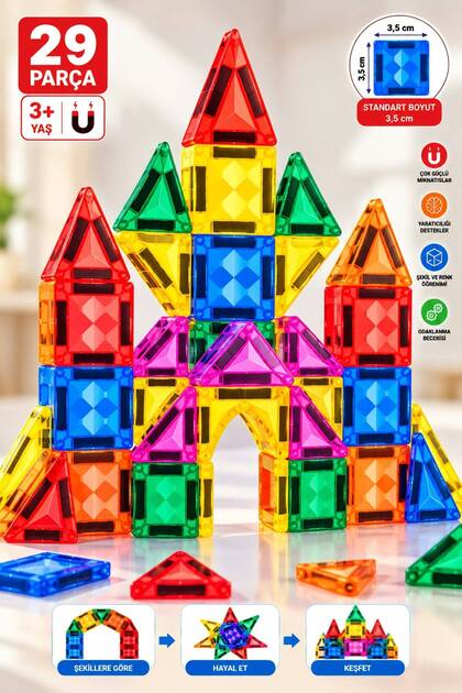 29 Parça Manyetik Bloklar Eğitici Zeka Oyunu Manyetik Yapı Taşları Manyetik Lego Magnet Oyuncak Seti