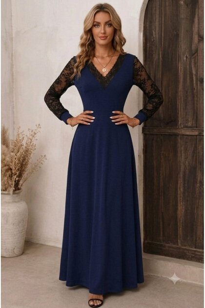 Women's Navy Blue V-Neck Lace Sleeve Detailed Long Sleeve Flared Cut Maxi Evening Dress