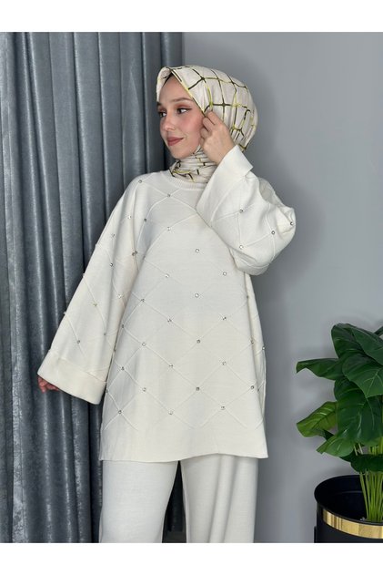 MEYKAS MODA TAŞ DETAYLI TRİKO TAKIM BEYAZ