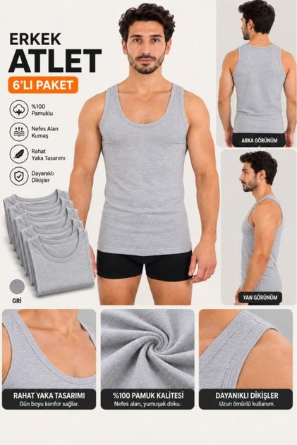 Men's Gray Undershirts 6-Piece Pack 100% Cotton Men's Classic Cut Comfortable Daily Underwear Special Boxed
