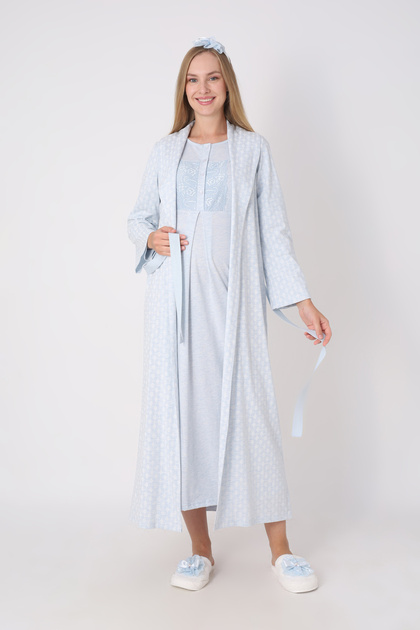 Maternity Nightgown and Robe Set – Maternity Set, Patterned Robe and Nightgown with Lace Collar