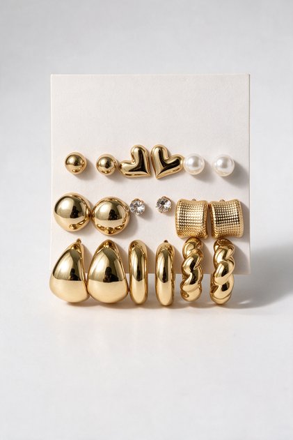 Women's 9 Pairs Gold Earring Set Multiple Earring Set Stylish Minimal Daily Wear Earring Models
