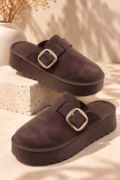Gny Women's Brown Suede Buckle Thick-Soled Slippers
