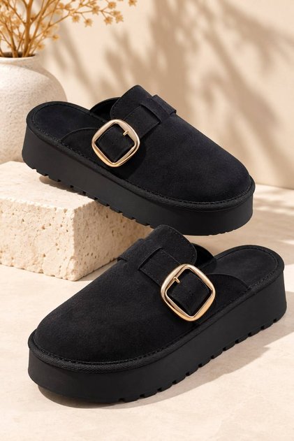Gny Women's Black Suede Buckle Thick-Soled Slippers