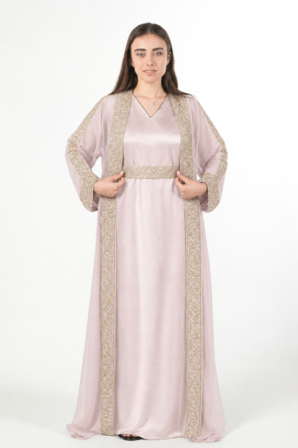Moroccan Embroidered Satin Kaftan Dress with a Waist Belt - قفطان ساتان نسائي