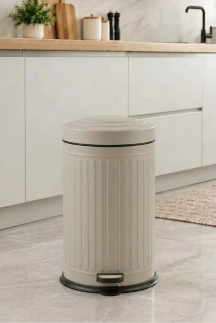 Bej 16 litre Vintage Çöp Kovası Elit Model Pedallı Çöp Kovası Banyo Çöp Kovası Banyo Seti Mutfak Çöp Kovası Retro Çizgili Pedallı 25 *45