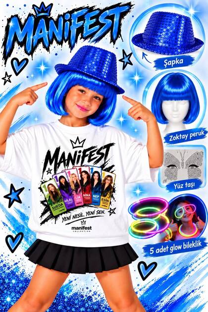 manifest zoktay aksesuar seti manifest zoktay mavi peruk + yüz taşı + glow bileklik + payetli şapka parti konser doğum günü