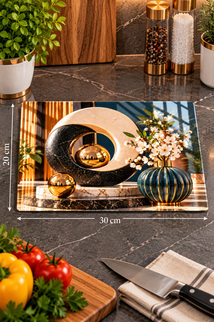 Glass Cutting Board with Gold Detailing, Black and White Marble Theme - Glass Cutting Board | 20cm X 30cm