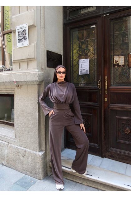 Women's Half Fisherman Draped Top Wide Leg Pants Two-Piece Set