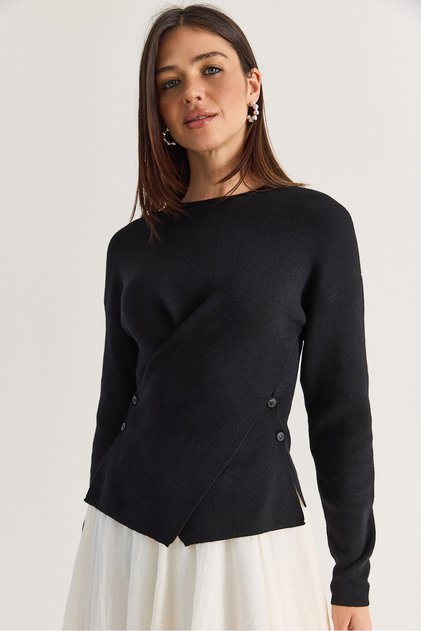 Women's Black Double-Breasted Button Detailed Mercerized Knitwear Blouse Tk261141 60286609