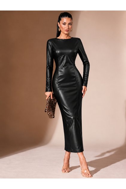Women's Long Sleeve Crew Neck Fitted Bodycon Long Leather Dress, Special and Stylish Design