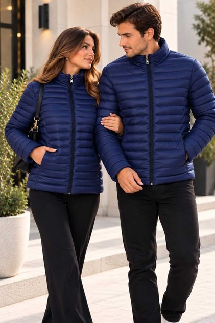 Double Combination Unisex Inflatable Coat - Dark Blue Zippered Stand-Up Collar Coat (Double)