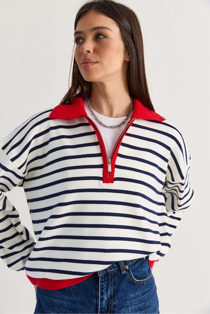 Women's Navy Blue-Red Polo Collar Zippered Striped Oversize Knitwear Sweater 2757 60286481
