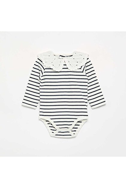 Printed Bodysuit With Broderie Anglaise Peter Pan Collar White