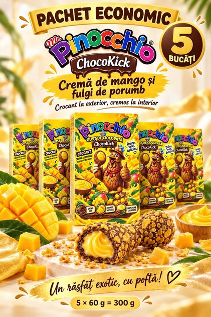 Mr. Pinocchio ChocoKick cu cremă de mango și fulgi de porumb – Pachet economic 5 buc × 60 g, 300 g