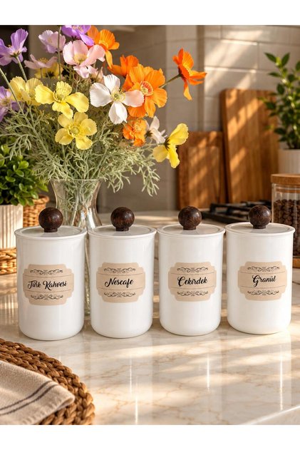 4-Pack 900ml Acrylic (Plastic) Vacuum Jar with Wooden Handle for Turkish Coffee -Nescoffe- Granulated Coffee -Ground Coffee Jar White Storage Container