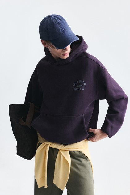 Oversize Baskılı Kapüşonlu Sweatshirt