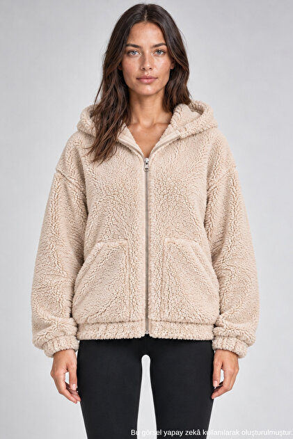 Women's Beige Oversize Hooded Plush Sweatshirt with Zipper and Pockets