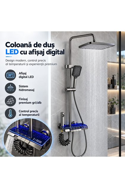 Coloană de duș LED Model Star, cu afișaj digital al temperaturii și sistem de hidromasaj, Gri/Alb