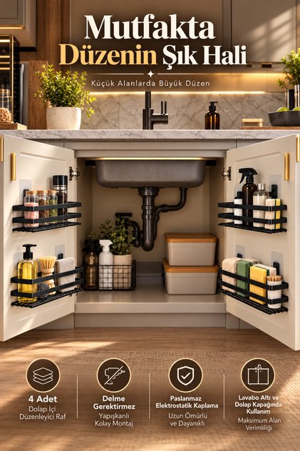 Four Easy-To-Install Stainless Metal Cabinet Organizer Shelves, 4 Adhesive Kitchen Organizers