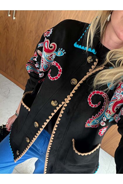 Orijinal Model Renkli Nakışlı Siyah Premium Süet Ceket