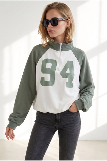 Women's Khaki Raglan Sleeve Half-Zip Draped Sweatshirt Swt-19000810