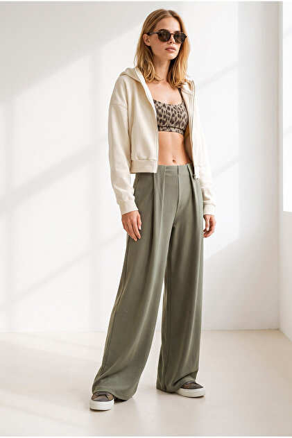 Women's Khaki Pleated Detailed Draped Trousers with Pockets Pnt-19000422