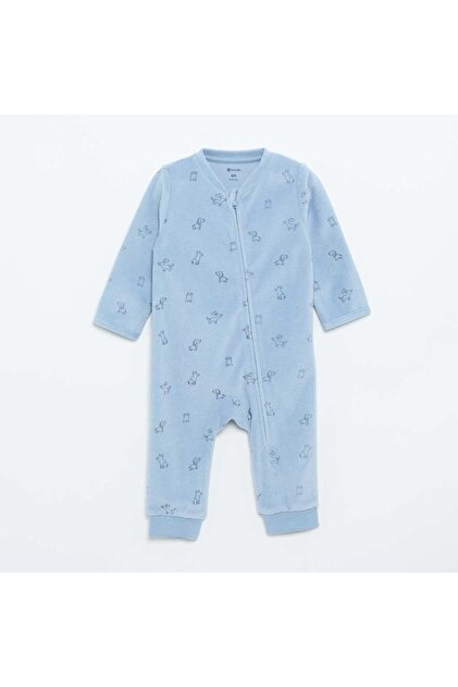 Printed Velour Sleepsuit Blue