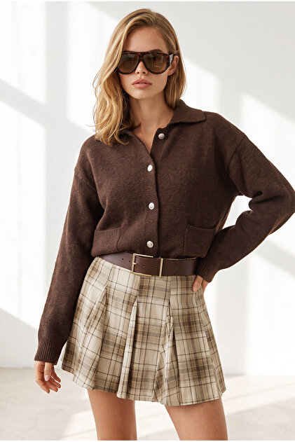 Women's Bitter Brown Polo Collar Buttoned Pocketed Knitwear Cardigan Hrk-19000513