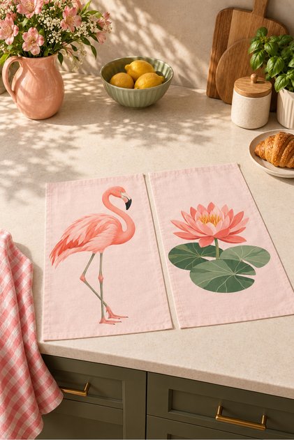 Flamingo Lotus Pink Flamingo and Lotus Patterned Tropical 2-Piece Kitchen Towel Set 35X55