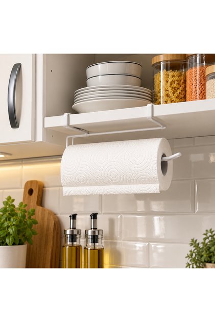 Under-Cabinet Snap-On Paper Towel Holder Metal White – No Drilling Required between Shelves Kitchen Roll Napkin Holder Hanger Organizer