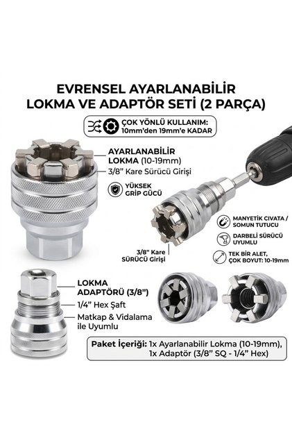 2 Parça Evrensel Ayarlanabilir Lokma Anahtar Seti 10-19 Mm 3/8'' Matkap Adaptörlü Somun Sökme Aparat