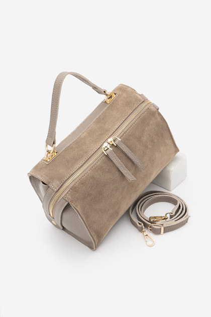 Women's Genuine Leather Suede Textured Zippered Long Strap Hand and Shoulder Bag Urelis Mink Suede