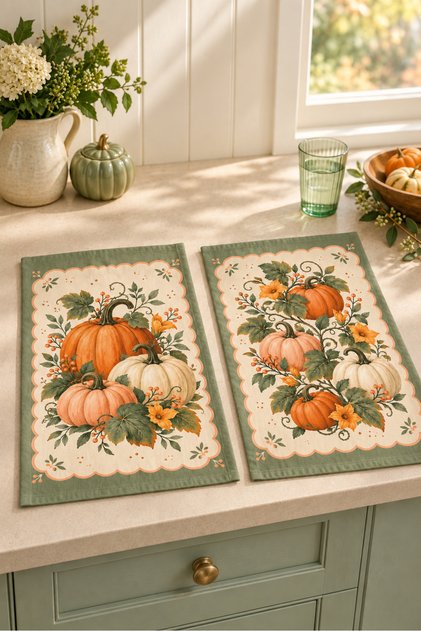 Sage Harvest Floral Pumpkin Patterned 2-Piece Kitchen Towel Set 35X55