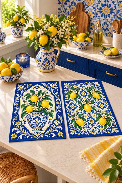 Lemon Majolica Lemon Patterned 2-Piece Kitchen Towel Set 35X55