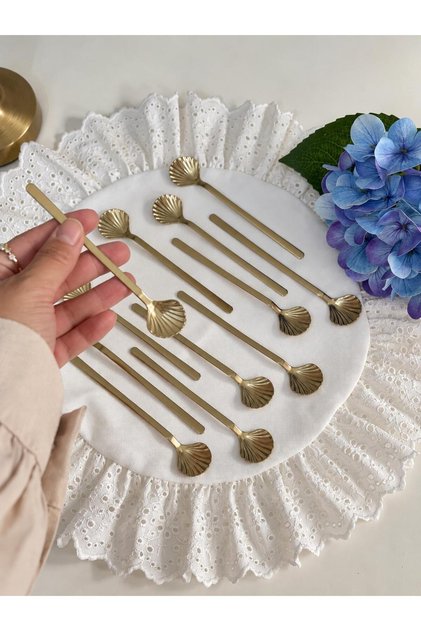 12-Piece Gold Oyster Stainless Steel Teaspoon Set - 12 cm Length Stainless Steel