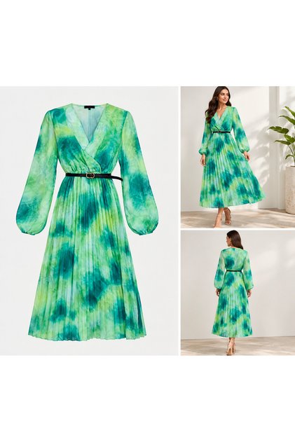 Rochie Dama Eleganta Verde Turcoaz cu Imprimeu Degrade, Decolteu V, Maneci Lungi si Cordon