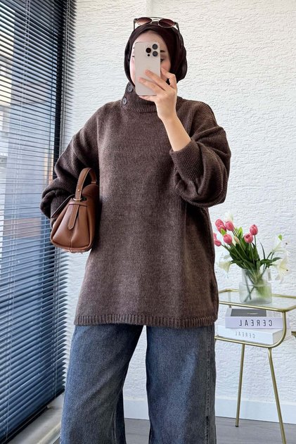 Premium High Collar Button Detailed Knit Sweater - Brown