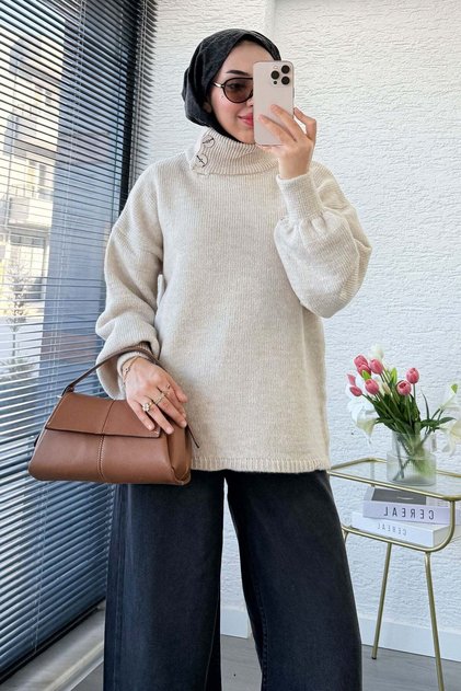 Premium High Collar Button Detailed Knit Sweater - Stone