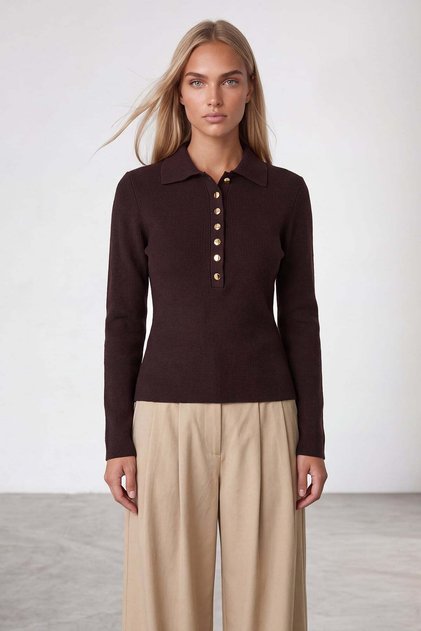 Women's light brown polo collar gold buttoned soft textured blouse alc-x15968