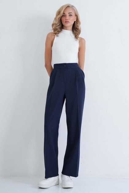 Women's Navy Blue High Waist Wide Leg Fabric Trousers Alc-X15895